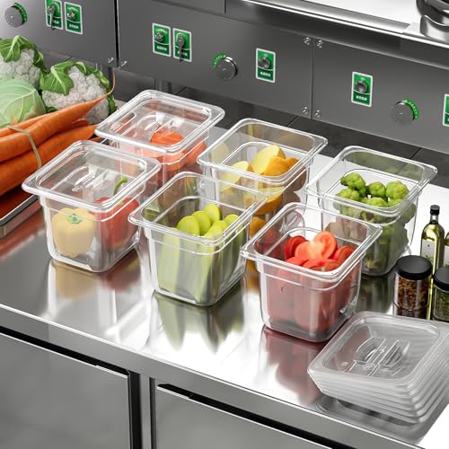 Finopro 6Pack Food Pans, 1/6 Size 6 Inch Deep Commercial Food Storage Containers, Polycarbonate, Clear (Click to select 1/6 Size, 6