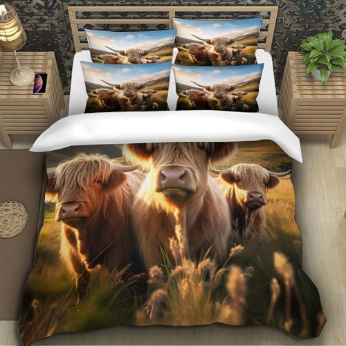 Parure de lit Highland 200x200cm en microfibre imprimée 3D avec housse de couette bétail aquarelle - 5
