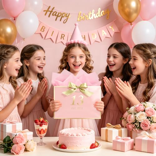 Image of JMANNI Birthday Gift Bag with Card and Tissue Paper for Men Women Him, Elegant Pink Gold Anniversary Keepsake Party Present Shopping Paper Bags for Gifts Wrapping Pink / 13 inch Medium /EST.2013 13th
