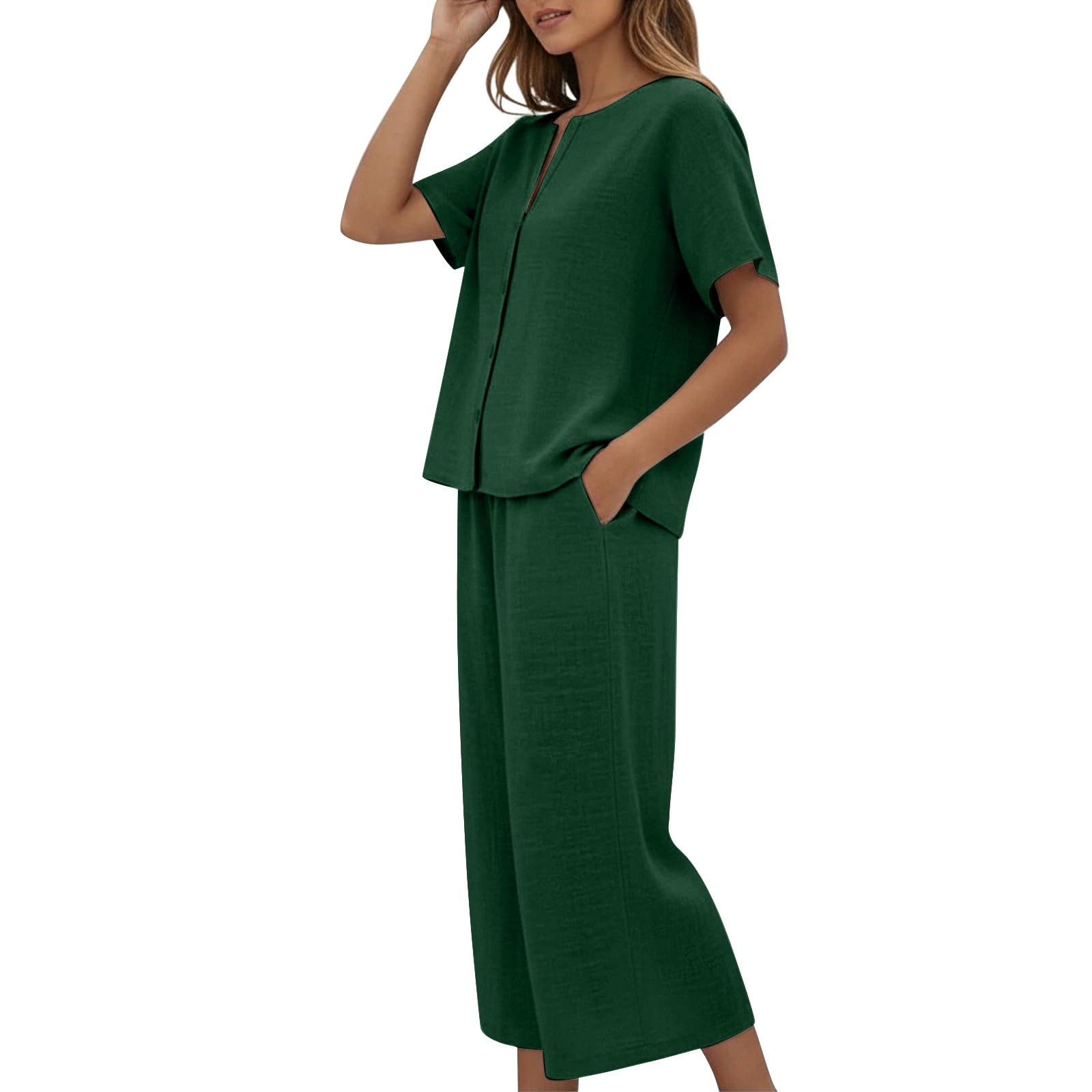 riou Chándal Mujer Completo Verano Original Moda Algodon Y Lino Conjunto Chandal Completo Blusa Manga 3/4 Pantalones Transpirable Vacaciones Deportivo Casa Trabajo M-3xl
