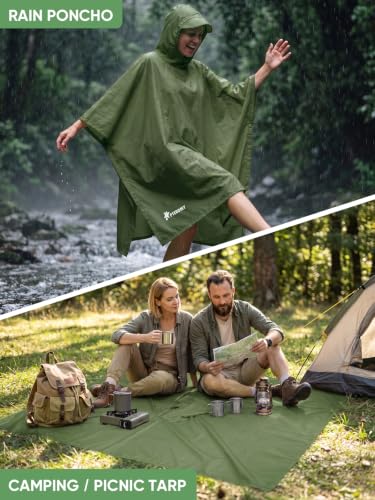 Image of PTEROMY Hooded Rain Poncho for Adult, Waterproof Lightweight Unisex Raincoat for Hiking Camping Emergency