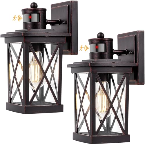 Motion Sensor Outdoor Lights Wall Mount, 2 Packs Brown Dusk to Dawn Waterproof Outside Wall Lights for House, 100% Anti-rust Aluminum Exterior Light Fixtures Wall Lanterns for Porch Garage Patio
