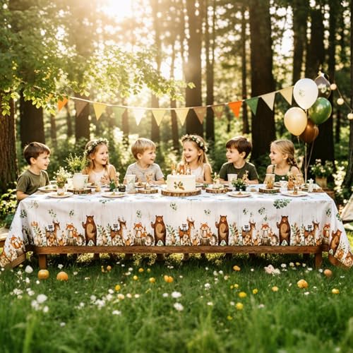 Image of TREWAVE Woodland Animals Plastic Tablecloth Forest Wild Creatures Baby Shower Table Covers for Boy Girl Birthday Table Decoration Neutral Gender Reveal Decor Friendship Themed Party Supply 54 inch x 108 inch
