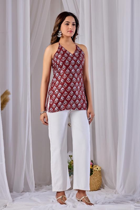 Image of 2STORY Women Halter Neck Top Backless Tunic Short Kurti Sleeveless Printed Stylish Western Ethnic Summer Casual Lightweight Fashion Wear
