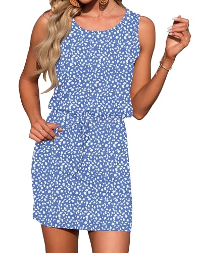 Image of AUSELILY Womens Summer Dress Casual Sleeveless Drawstring Short Dresses | Adjustable drawstring waist for a custom fit, plus 2 side pockets-perfect beach-to-street sundress