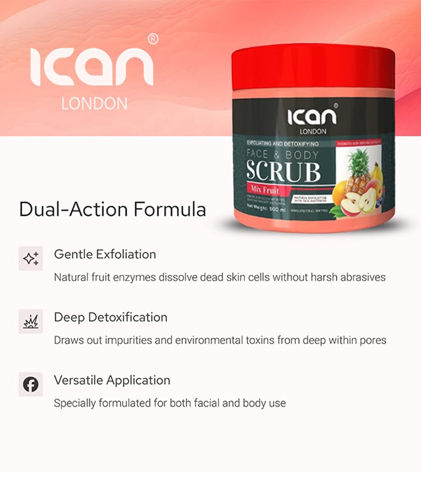 ICan London Mix Fruit Exfoliating and Detoxifying Face and Body Scrub, 500ml, 500 ml (Pack of 1) - Image 3