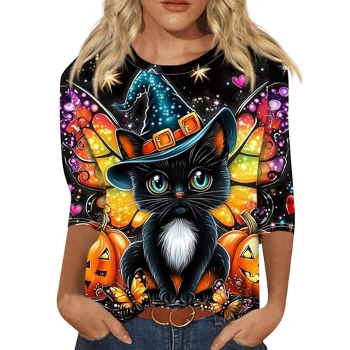 Cute Funny Halloween Shirts for Women Plus Size 3/4 Length Long Sleeve Womens Tops Witch Gothic Renaissance Shirt