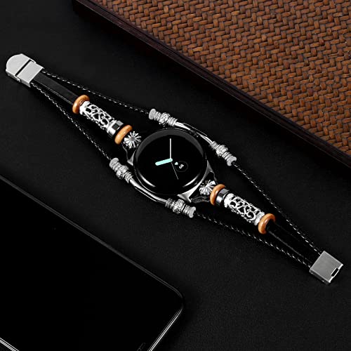 Konafei Compatible With Google Pixel Watch Band, Slim Handmade Leather Bracelets Boho Bead Metal Jewelry Retro Strap Wristband Accessories For Women And Men, Db-Black #TOP2