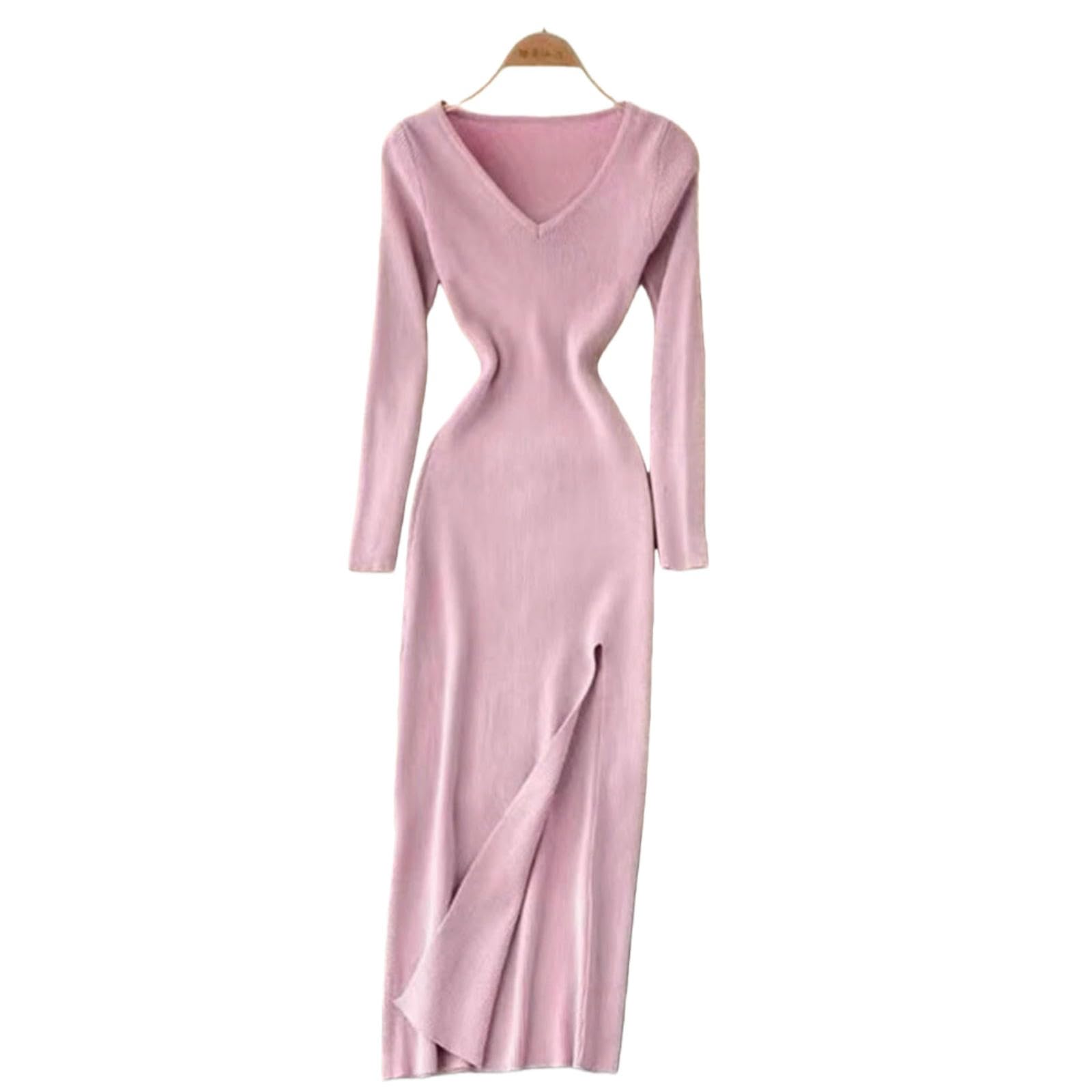 Vestiti a Maniche Lunghe Abito in Maglia da Donna Stile Francese, Avvolgente Slim Fit con Scollo V Spacco, Autunno Inverno per Feste E Abbigliamento Quotidiano-Arancione-s