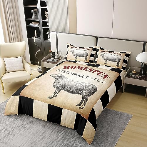 Kids Girls Boys Sheep 100% Cotton Duvet Cover,Fleece Rustic Bedding Set Double,Farmhouse Animal Comforter Cover,Vintage Geometric Buffalo Plaid Check Bed Sets with 2 Pillowcases,Black and White - Image 2