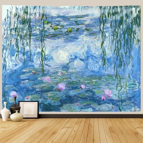 IcosaMro Lotus Tapestry Wall Hanging Monet Water Lilies Flowers Floral Wall Art with Hemmed Edges, Wall Blanket Home Decor for Bedroom College Dorm, Blue, 60x82.7 Inches