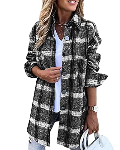 Aoysky Womens Flannel Color Block Plaid Shirts Long Sleeve Casual Blouses Lapel Button Up Pocketed Shacket Jacket Coats