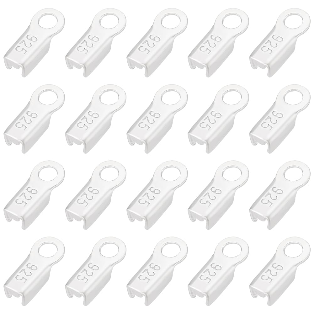 BENECREAT 20 Pcs 925 Sterling Silver Tube Fold Over Cord Ends Crimps, 8x3.5mm Silver Fold-Over End Caps for Jewelry Making, Hole: 1.4mm