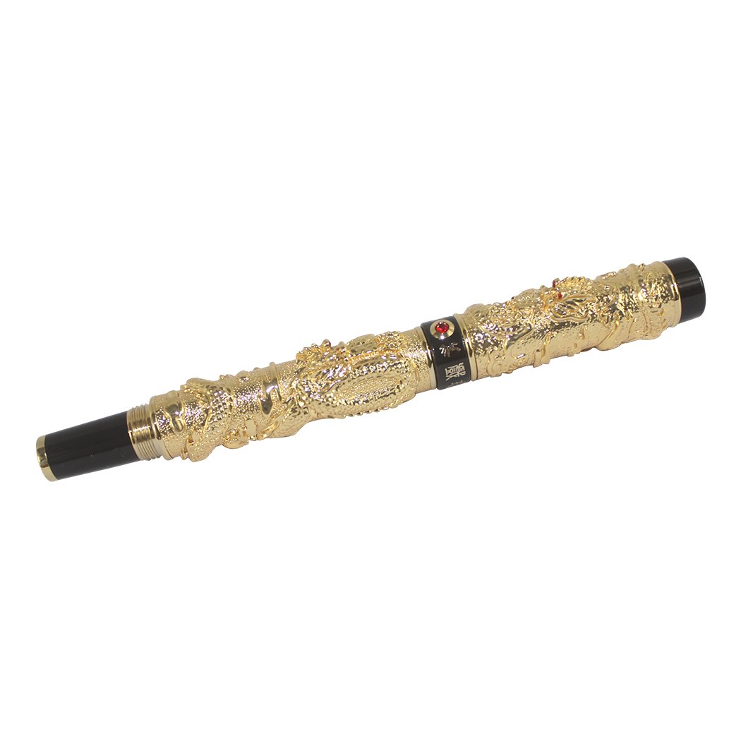 Jinhao - Pluma estilográfica clásica de dragones chinos jugando con la perla tallada 3D, estilo dorado de lujo, dorado 2