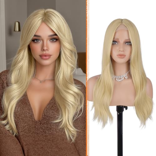 Haloo Blonde Wigs with Curtain Bangs - Lace Front Hairline Middle Part Long Layered Natural Looking Wavy Hair Synthetic Women Wig for Daily Party, 22 Inch