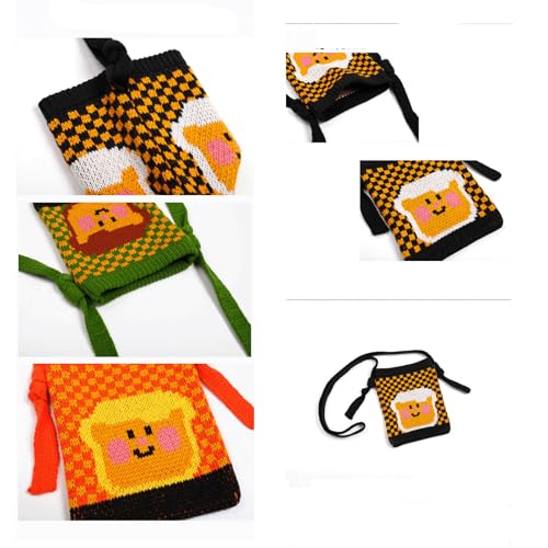 Checkered Crossbody Bag Cute Cartoon Toast Knit Crossbody Bag Checkerboard Mini Shoulder Purse Kawaii Knitted Small Bag Y2k4