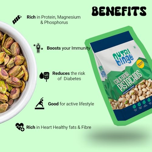 Image of NUTRI BINGE Pistachios (Pista 500 Grams) - Pack of 3, Premium California Roasted and Salted Pista Dry Fruits, Fresh Nutrient Rich Vegan Healthy Snacks