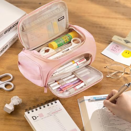 Image of Large Capacity Pencil Pouch, Aesthetic Pencil Case with Zipper Portable Handle, Cute Pencil Bag Stationery Organizer for Office College School Teen Girl Boy Adult (Pink)