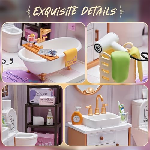 DIY Miniature Bathroom Play Kit with 101Pcs, 1:20 Scale Dollhouse Washroom Furniture with LED Light, Realistic Accessories & Connectable Base Room, Tiny House Toy for Adults & Kids 8+