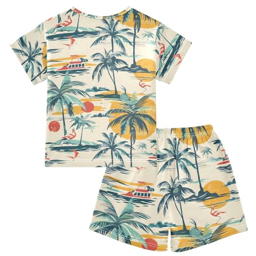 ALAZA Ship Sun Palm Tree Flamingo Pajamas Short Sleeve 2 Piece Sleepwear Top and Bottom Pajama Set Unisex2