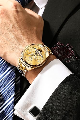 Image of OLEVS Self Winding Watches for Men Automatic Mechanical Skeleton Luxury Dress Waterproof Moon Phase Tourbillon Chronograph Stainless Steel Luminous Wristwatch