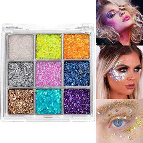 Glitter Eyeshadow Palette Makeup 9 Colors Body Glitter Glue Gel Palette Colorful Shimmer Sparkle Eyeshadow Long Lasting Highly Pigmented Waterproof Professional Glitter Eyeshadow Rainbow Face Paint #TOP5