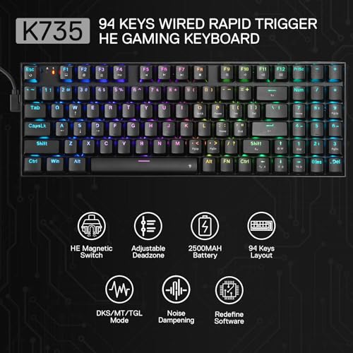 Redragon K735 Rapid Trigger Wired Gaming Keyboard, 90% 94 Keys Mechanical Keyboard w/Hyper-Fast Actuation, Dedicated Magnetic Switch, Actuation Point Adjustable, 8K Hz Polling Rate