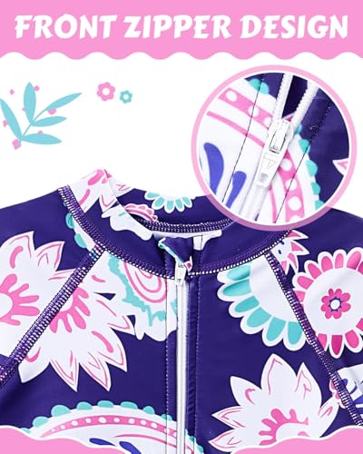 Image of Century Star UPF 50+ Girls Long Sleeve Swimsuit - Rash Guard Swimsuit Toddler Kids Teen One Piece Bathing Suit Zip 2-15Y