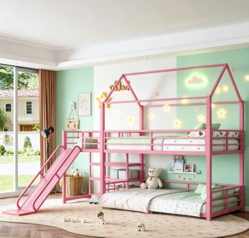 Image of Bellemave Metal Bunk beds Twin Over Twin with Slide and Storage Stairs, House Floor bunk Bed with guardrail for Kids,Pink