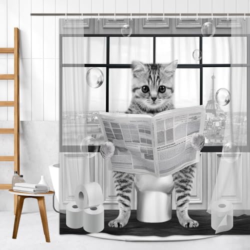 Image of Cute Cat Shower Curtain, Funny Cat Reading on Toilet Shower Curtain Set, Black White Grey Fabric Shower Curtains for Kids Bathroom with Hooks 72X72inches