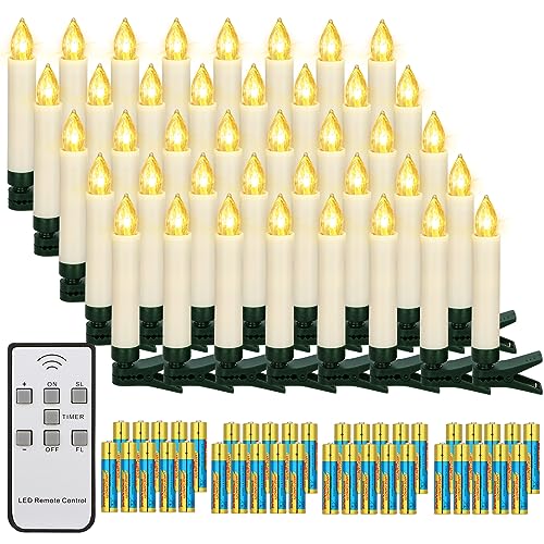 yunsheng 40 Stk Weihnachten LED kerzen, Kabellose Weihnachtsbaumkerzen mit Fernbedienung Timer, Batteriebetriebene Flammenlose Flackern Christbaumkerzen lichterkette, IP64, (Enthält 40 AAA-Batterien)