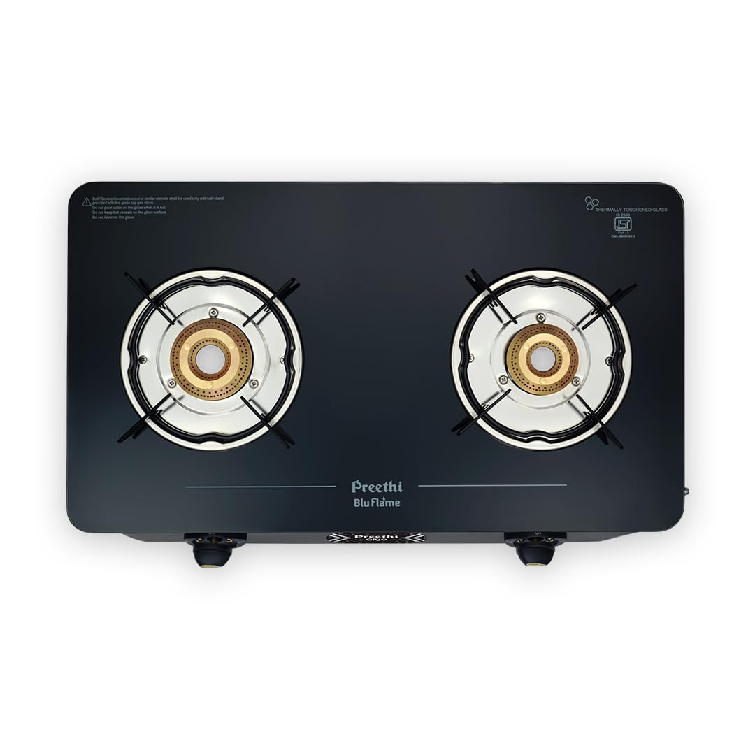 Preethi Alya Glass Top 2 Burner Gas Stove, Manual Ignition, Black with