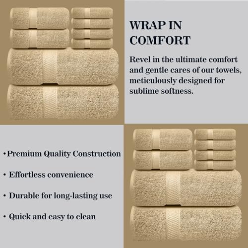 Image of Sulfar 100% Combed Cotton, 8 Pcs Towel Set - 2 Bath Towels (70 x 140 cm), 2 Hand Towels (40 x 70 cm) and 4 Face Towel (30 x 30 cm) (600 GSM, Pack of 8) Bleach Sand