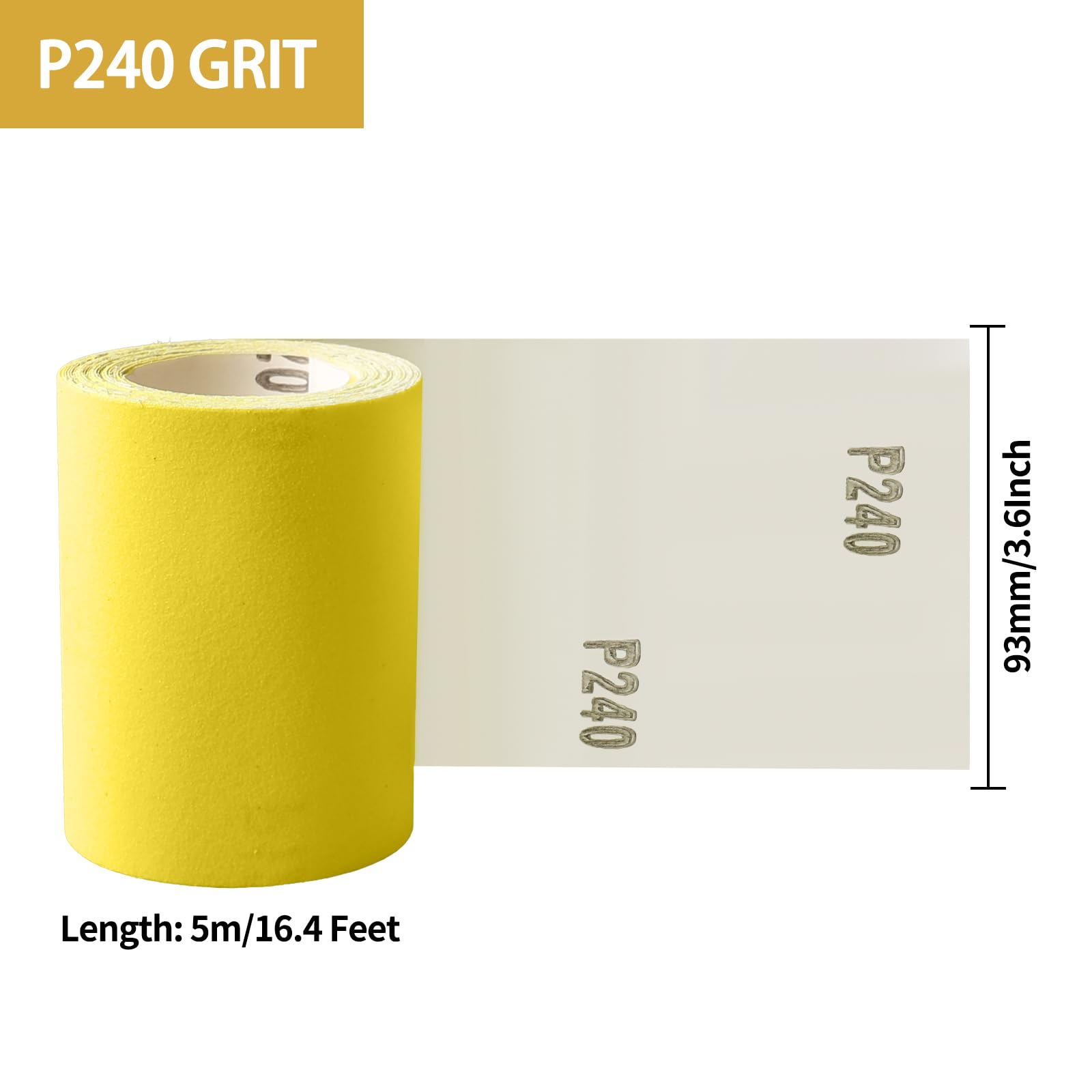 93 mm x 5 metros grano 240, papel de lija de cuarzo para madera, metal, pintura, yeso, masilla, automoción, compatible con lijadoras manuales