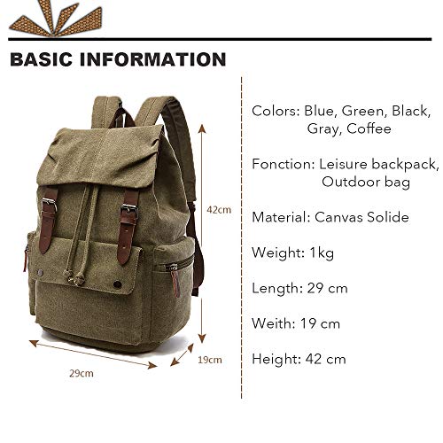 Rufun Leinwand Rucksack Jahrgang für Laptop Tagesrucksack Wandern Reisen Große Kapazität Tasche Unisex (Grün)