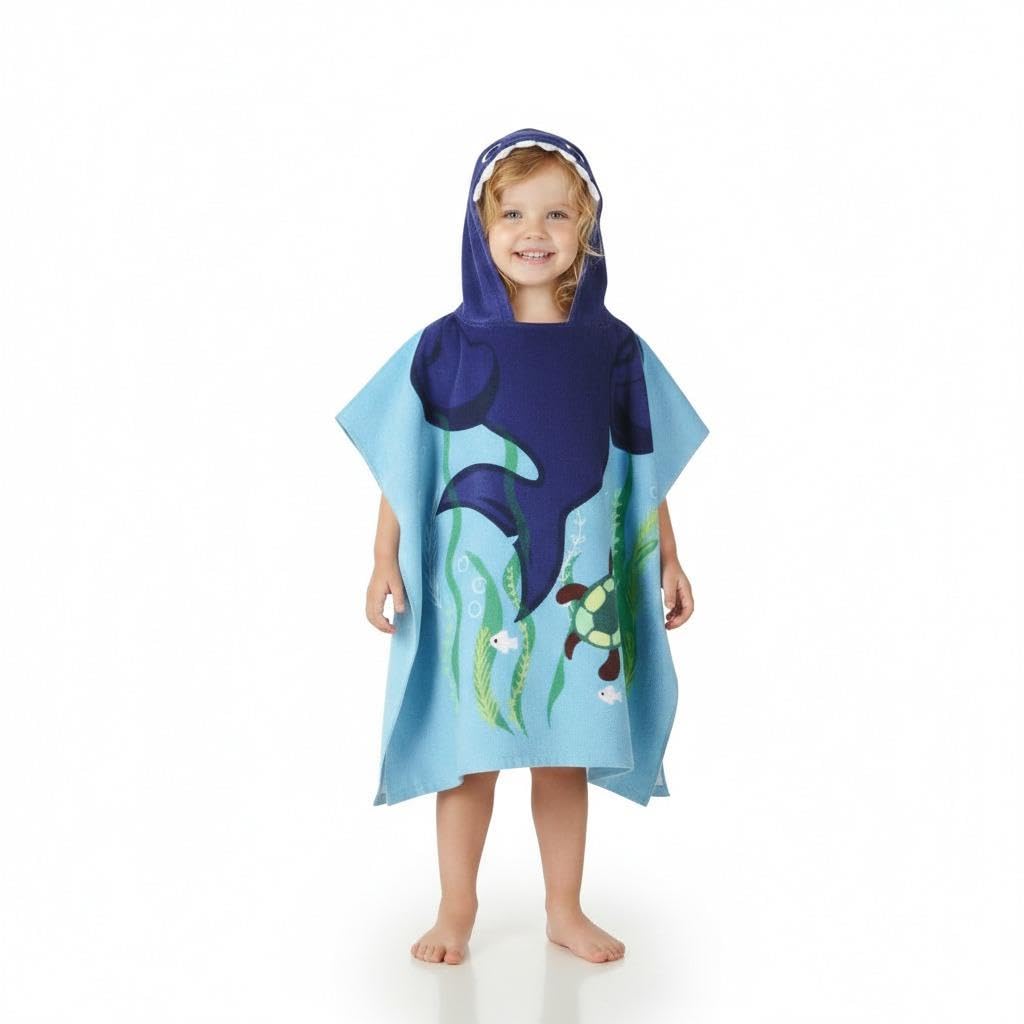 A2Z 4 Kids Girls Poncho Shark Cotton Absorbent Hooded Towel Bathrobe Swimming Wrap Changing Robe Comfortable Lightweight Soft Feel Bath Towel Beach Poncho for Kids
