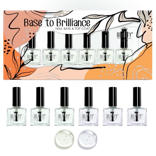 6 x Überlack Topcoat and Unterlack Base coat 2-in-1 Klarlack, 6 x 10 ml, Glättet, Fixiert, Schützt. Schnell trocknender Nagellack mit Vitamin E, Jojobaöl & Aprikosenkernöl