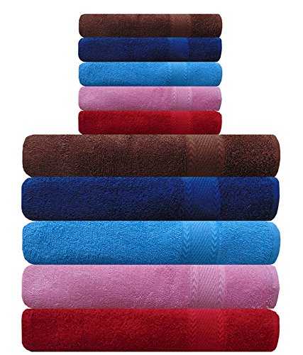 Akin Multicolor Cotton Towels - Set of 10 (Bath Towels - 5, Hand Towels - 5)