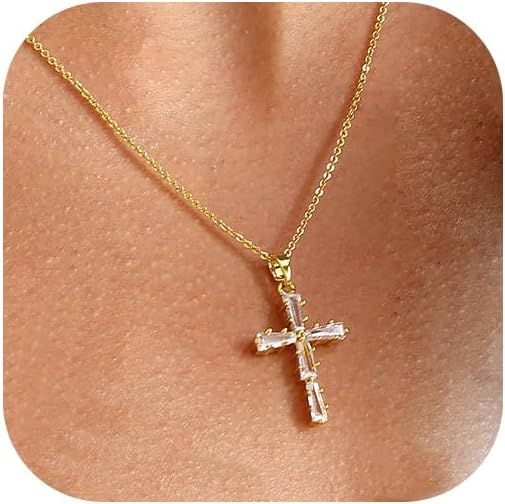 Cross Necklace for Women, 14K Gold Plated Cubic Zirconia Cross Pendant Necklace, Trendy Christian Jewelry Gifts for Baptism First Communion Christmas