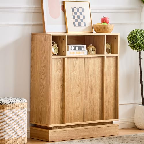 Image of 31.7'' Mid Century Modern Accent Sideboard Storage Cabinet, Natural Wood | 11.9''D Slim Credenza, 2 Doors, 3 Open Cubbies, Adjustable Shelf, for Narrow Entryway, Hallway, Living Room & Dining