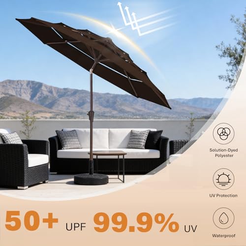 Image of JEAREY 9FT 3 Tier Patio Umbrella Outdoor Market Umbrella Table Umbrellas with 8 Ribs 1.5 Pole Push Button Tilt and Crank UV Protection for Garden,Brown
