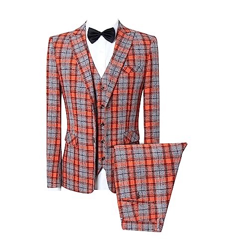 UNINUKOO Mens Suit Slim Fit 3 Piece Plaid Checked Tuxedo Formal Business Wedding Suits for Men US Size 42 Orange