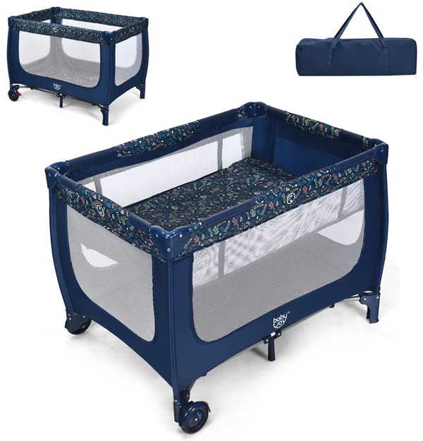 COSTWAY 2 en 1 Lit Parapluie Pliant Bébé 0-36 Mois avec Matelas Respirant, Lit de Voyage en Tissu Oxford avec Sac de Transport, Roues avec Frein, Parc d'Activité jusqu'à 15 kg, 125 x 65 x 76 cm (Bleu)