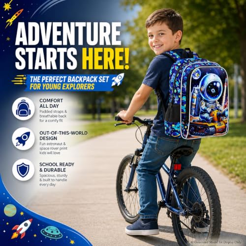 Image of WZLVO 3PCS Astronaut Bookbag for Boys, 16 inch Cool UV Printing Kids Backpack /School Bag with Lunch Box & Pencil Bag for Preschool to Elementary - Astronaut Driving a Yellow Tank