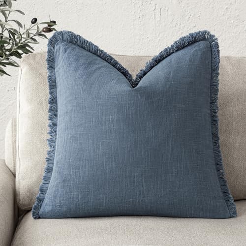 Image of Foindtower Decorative Linen Fringe Throw Pillow Covers Cozy Boho Farmhouse Cushion Cover with Tassels Accent Pillowcase for Chair Sofa Bed Living Room Home Decor, 22x22 Inch,1PC,Dark Blue