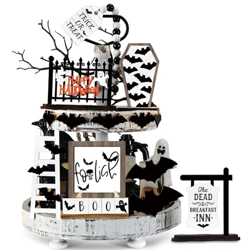 Umigy 15 Pcs Halloween Tiered Tray Decor Set Cute Ghost Tray Decorations Boo Halloween Wooden Signs Farmhouse Rustic Decoration for Home Table Party Supplies(Bat)