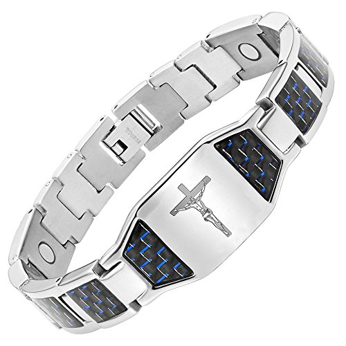 Willis Judd Men s Christian Jesus Crucifix Cross Blue Carbon Fiber Titanium Magnetic Bracelet