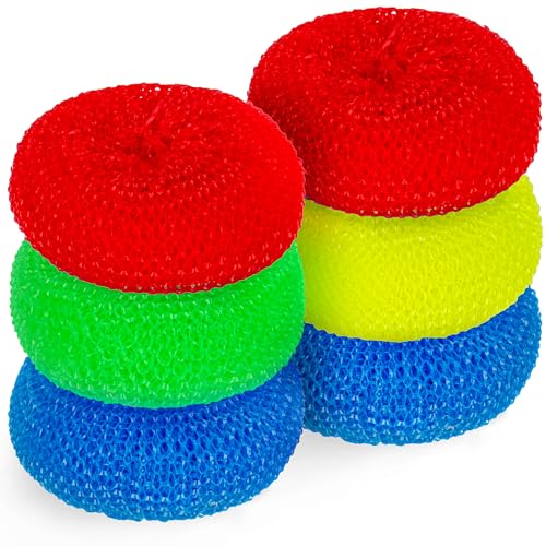 DecorRack 6 Mesh Scourers Premium Non-Scratch Plastic Scourers Stain Removing Cleaning Scrubber for Kitchen Garage Bathroom (Pack of 6)