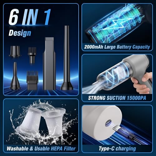 Image of Cordless Car Vacuum, 6 in 1 Handheld Vacuum Cleaner, Air Duster, 15000Pa | 120W Brushless Motor, Washable HEPA Filter, Wet & Dry, Rechargeable, for Car, Pet Hair, Home & Office
