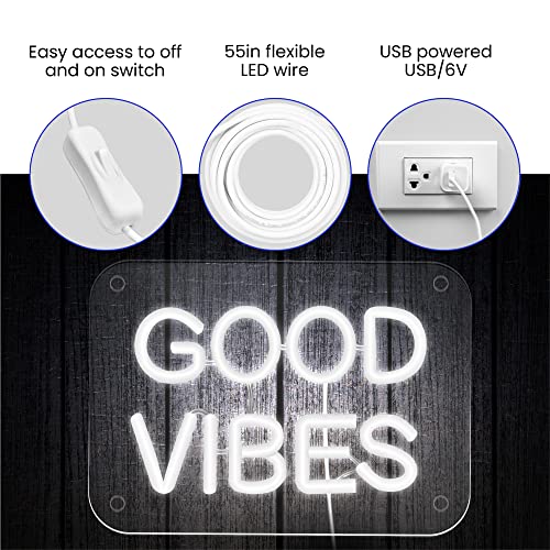 Image of WHITE-LED-GOOD VIBES-NEON SIGNS-NEON LIGHTS-WALL DECOR-BEDROOM DECOR-USB POWERED (6 inch X 8 inch) (Good Vibes)